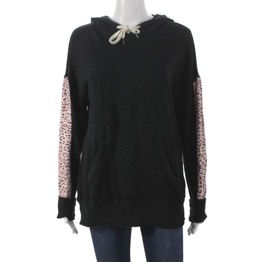 Philanthropy Women Pullover Hoodie Black Leopard Animal Print Size S